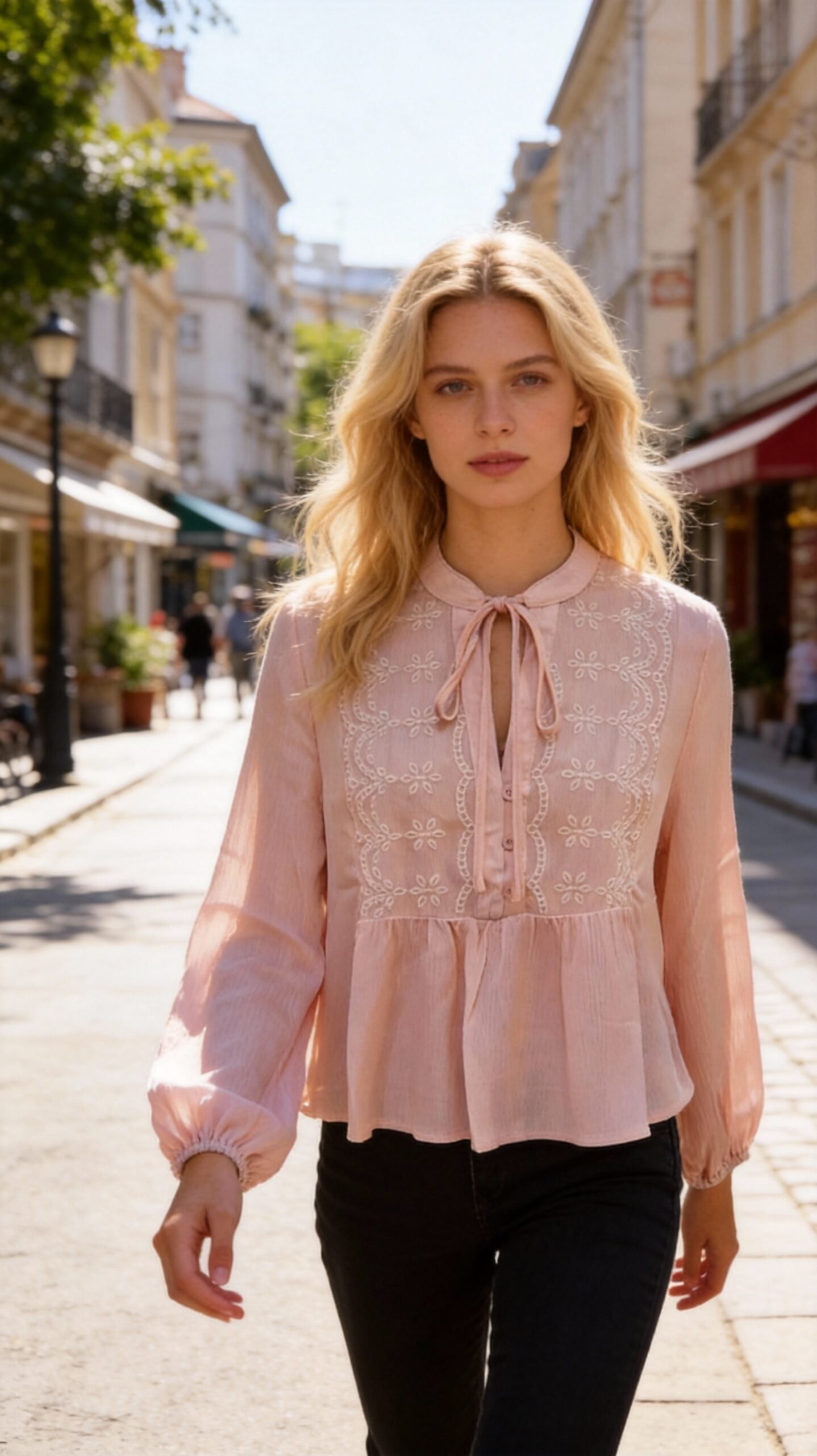 Pink Blossom: Embroidered Tie-Neck Top & White Jean Set - Image 2
