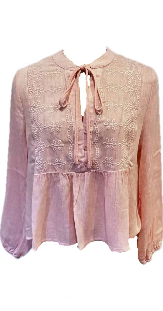 Pink Blossom: Embroidered Tie-Neck Top & White Jean Set​ - Image 3