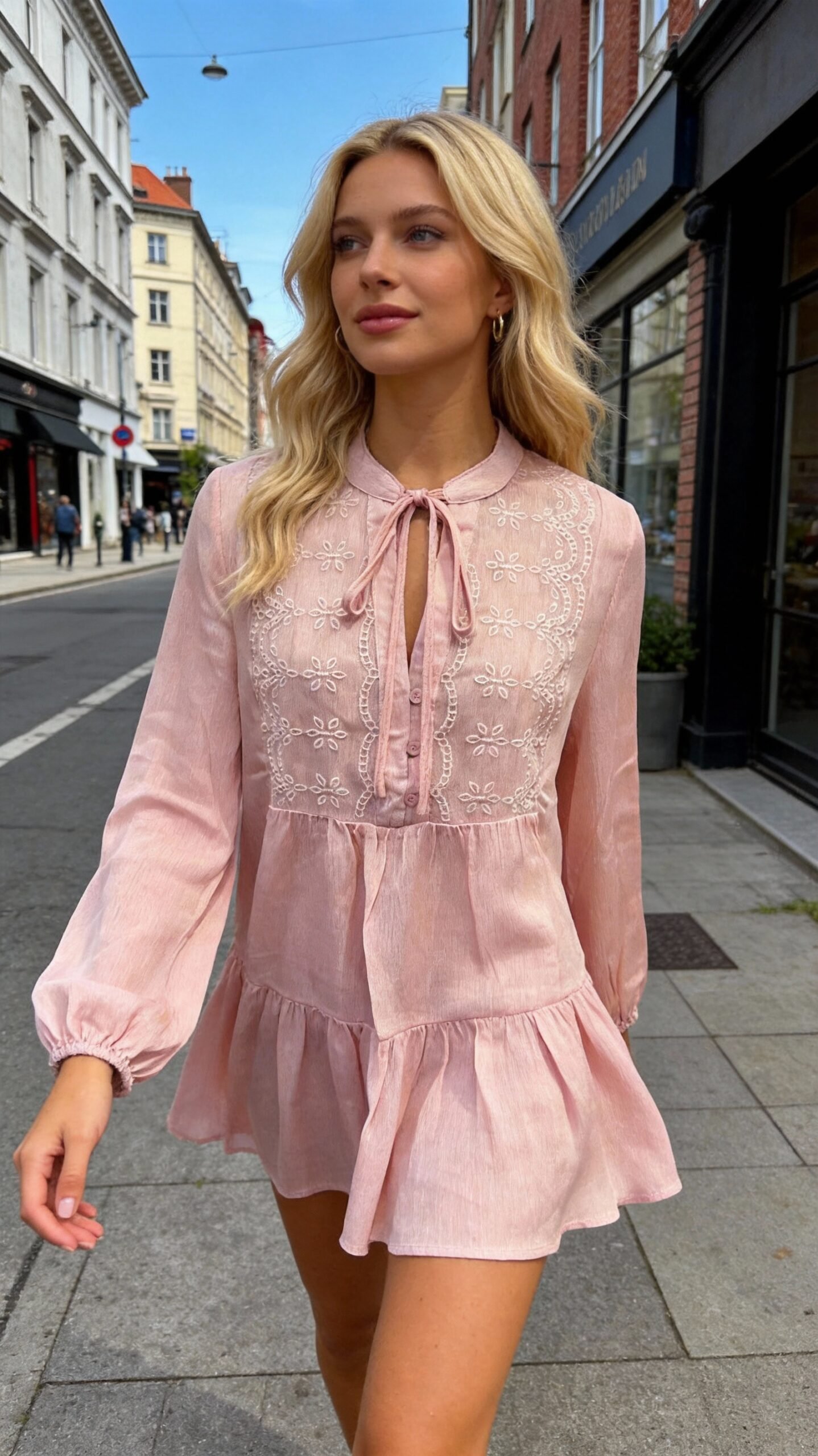 Pink Blossom: Embroidered Tie-Neck Top & White Jean Set - Image 4