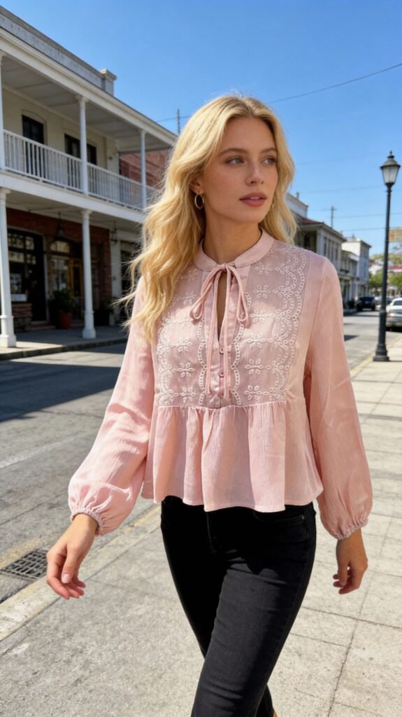 Pink Blossom: Embroidered Tie-Neck Top & White Jean Set​ - Image 5