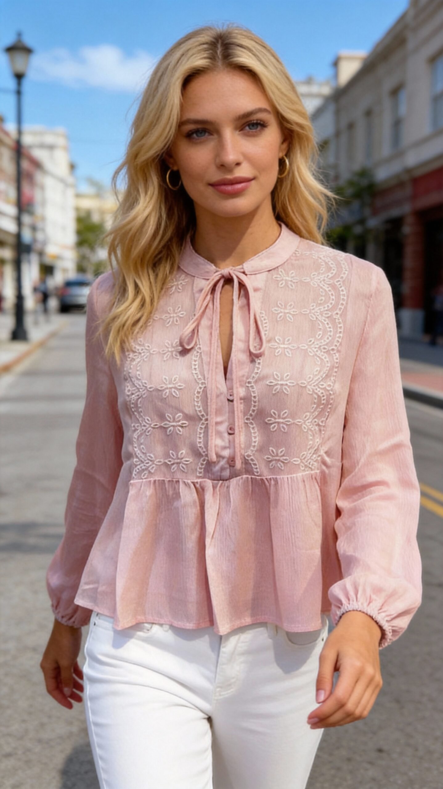 Pink Blossom: Embroidered Tie-Neck Top & White Jean Set - Image 6